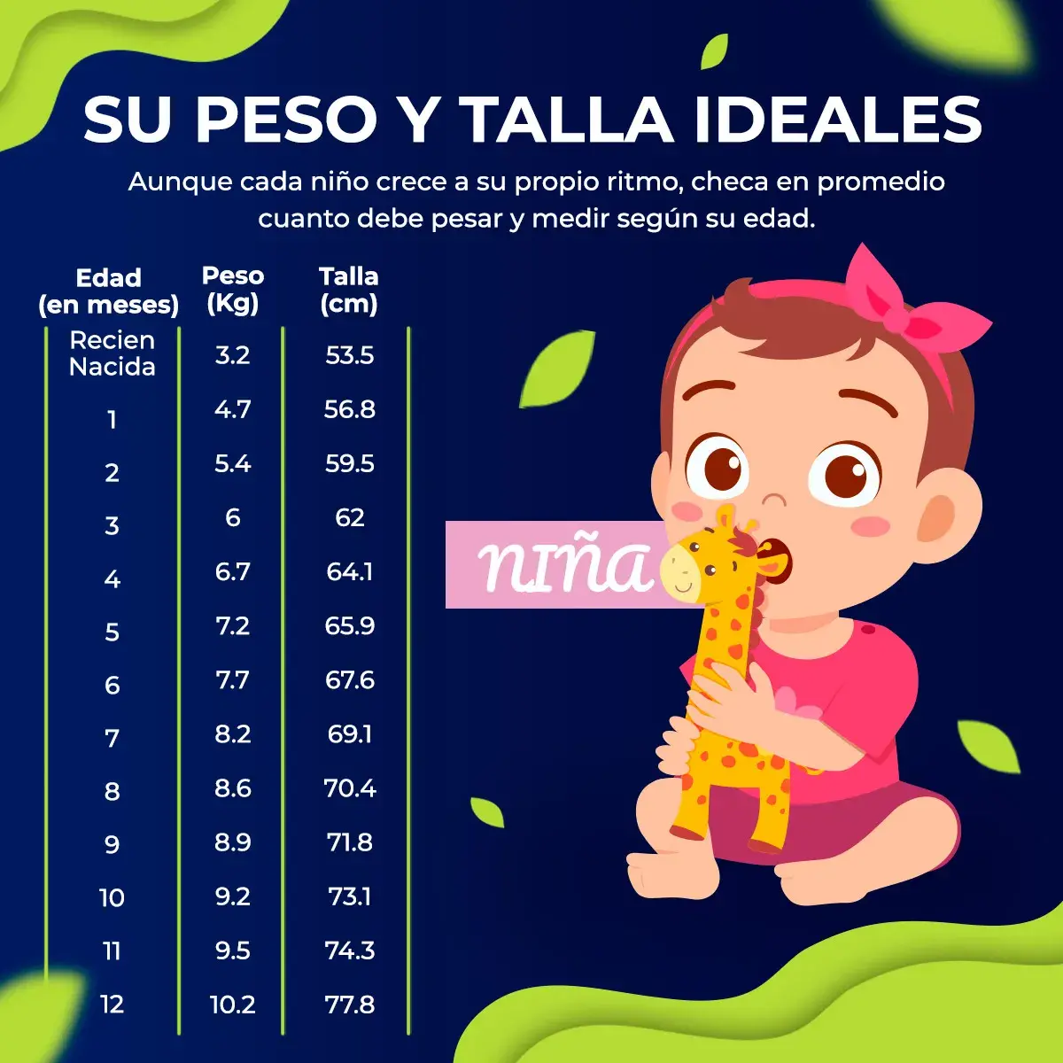 Tabla de crecimiento (peso y talla) según edad en bebés niñas - infografía