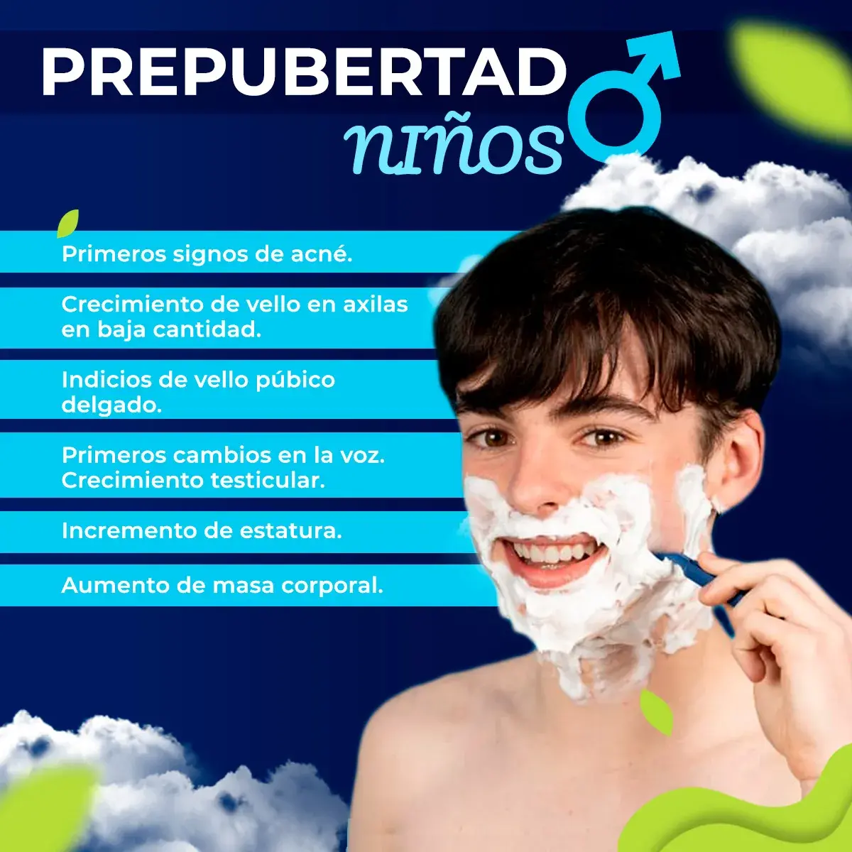 Los signos de prepubertad en niñas son: signos de acné, aparición de vello, cambios en la voz, incremento de estatura.