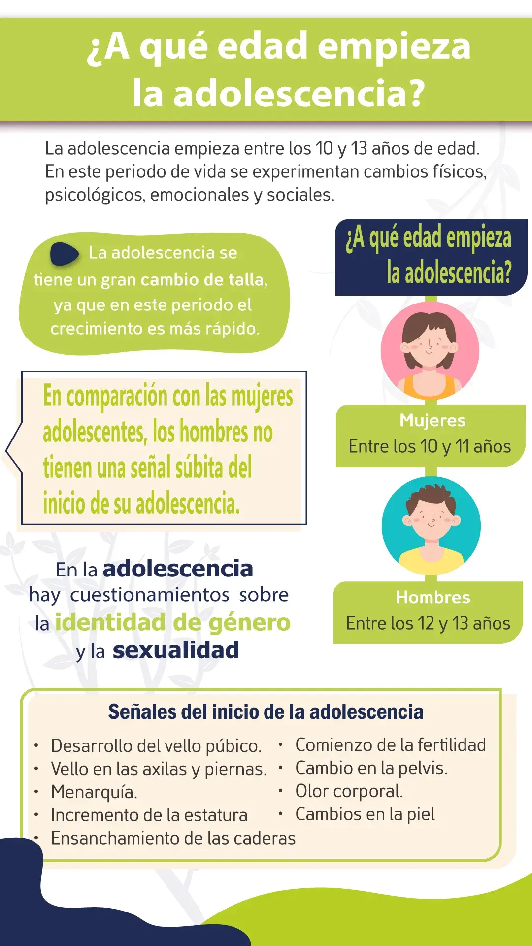 La adolescencia empieza en mujeres entre los 10 y 11 años y en hombre entre los 12 y 13 años. Las señales de inicio son desarrollo del vello, incremento de estatura, comienzo de la fertilidad, acné, cambios en la piel.