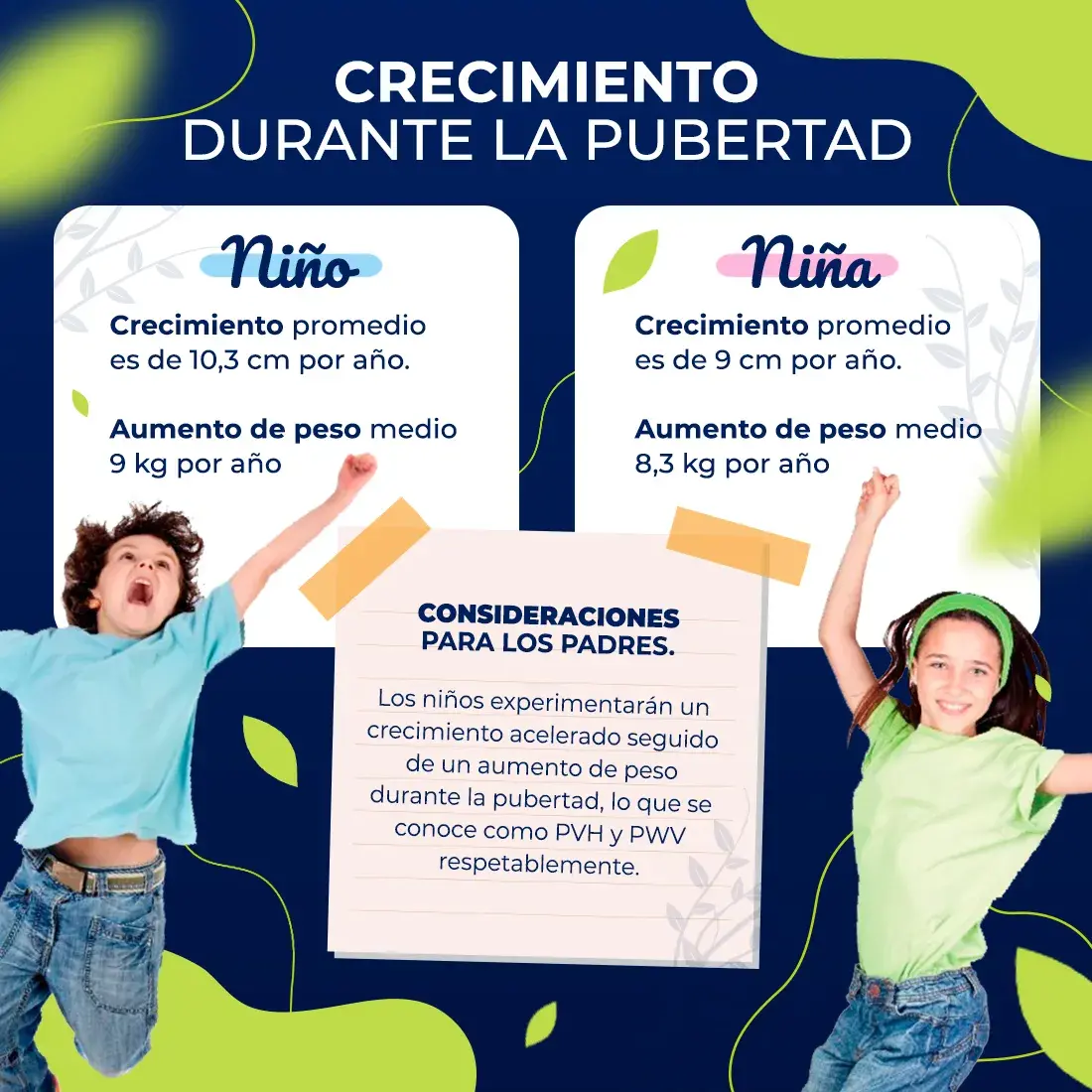 El crecimiento promedio durante la pubertad es de 10 a 9 cm.