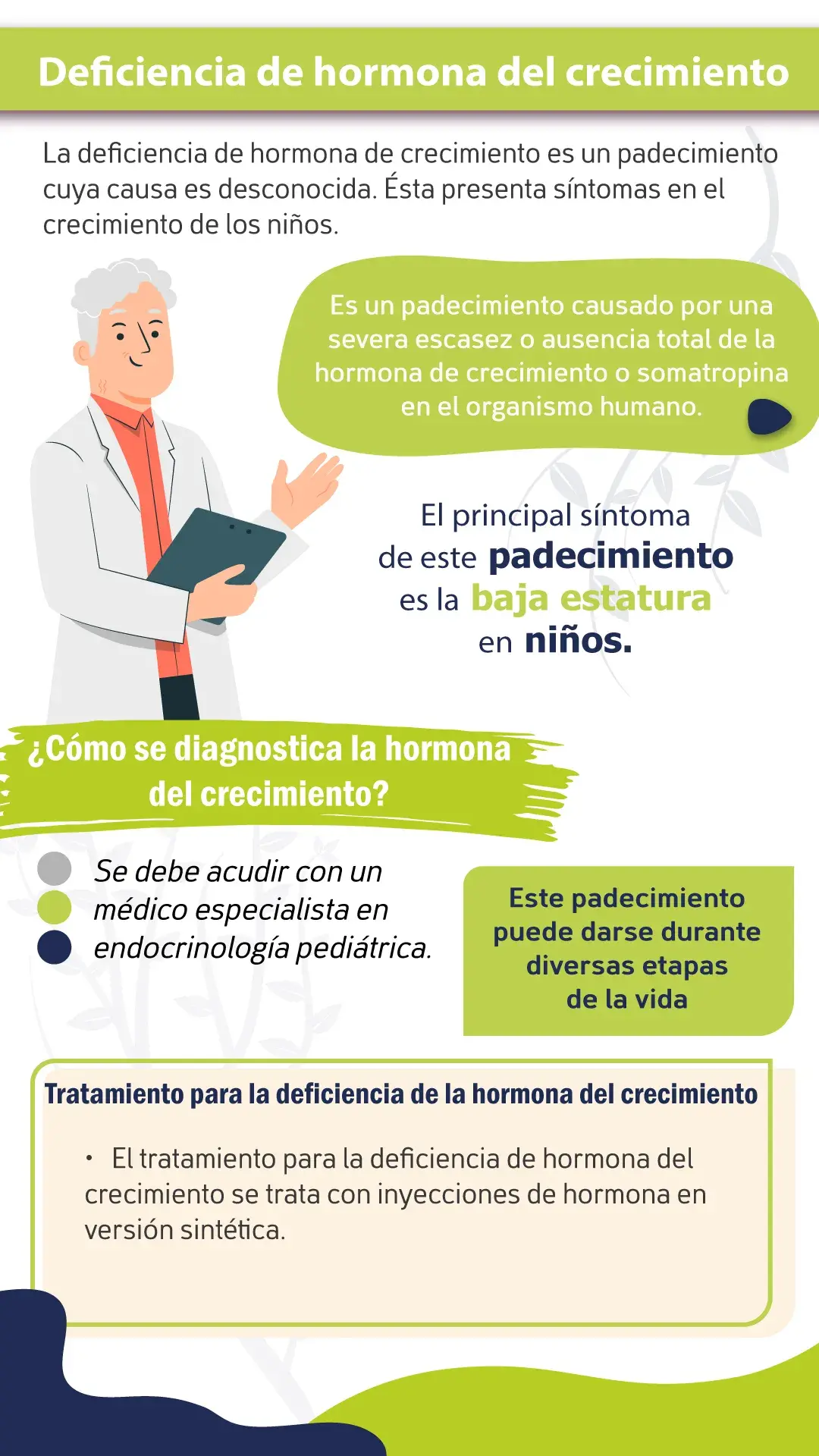 La deficiencia de hormona de crecimiento es por la escasez o nula producción de ésta que causa baja estatura.
