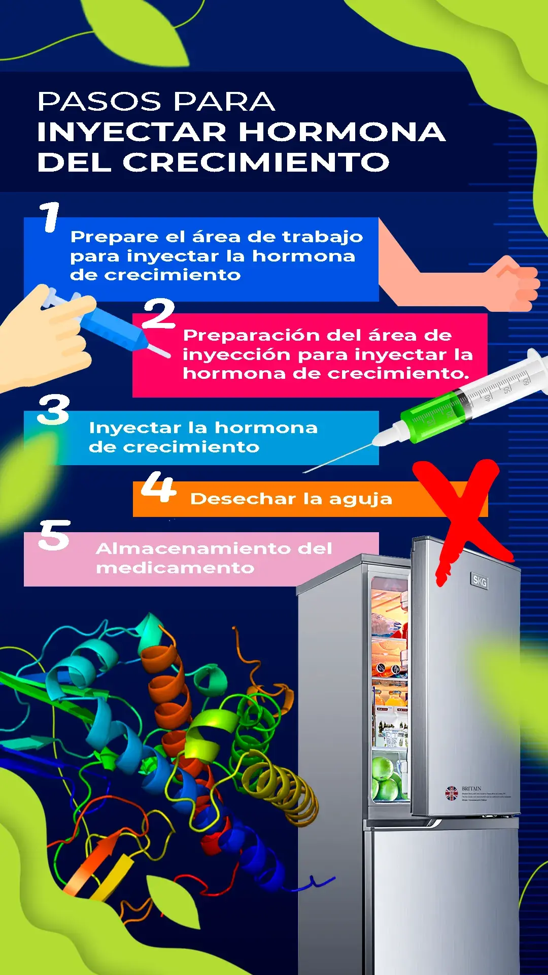 Pasos para inyectar hormona del crecimiento (preparar el área de trabajo e inyección, inyectar la hormona, desechar la aguja, almacenamiento).