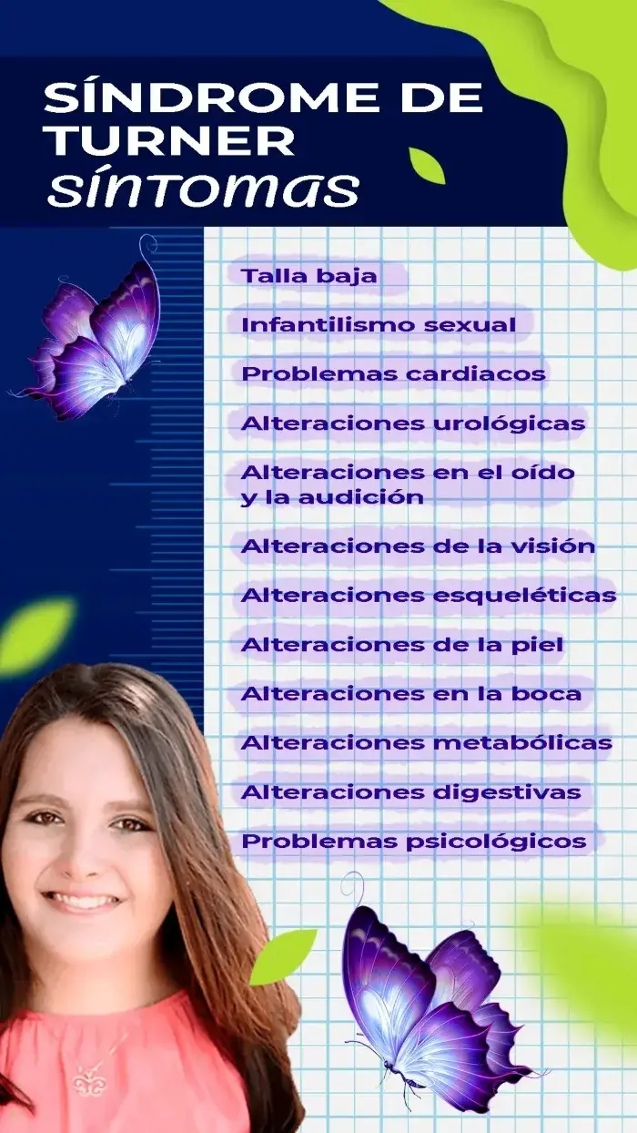 Los síntomas del síndrome de Turner son talla baja, infantilismo sexual, problemas cardiacos, alteraciones en el oído, visión, esqueleto, piel, boca.